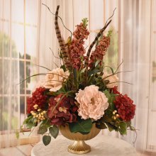 Burgundy and Tan Silk Flower Arrangement with Feathers AR506