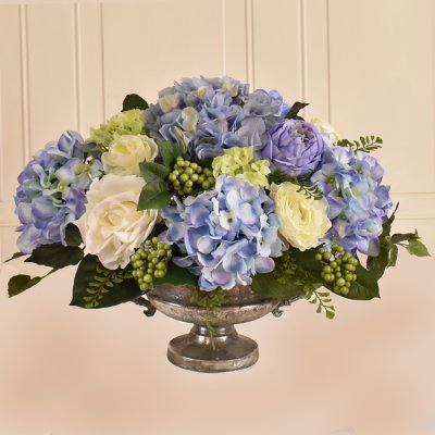 (image for) Blue Hydrangea Silk Flower Arrangement in Silver Bowl AR422