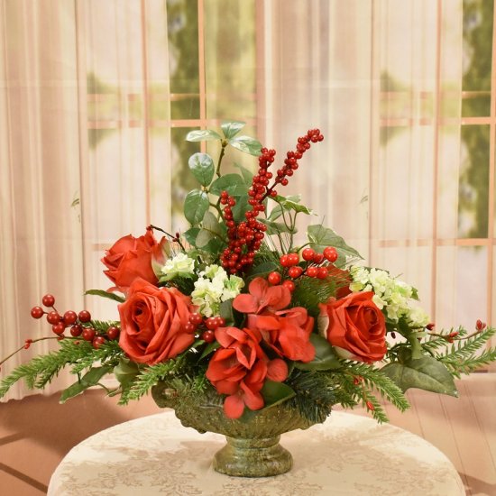 (image for) Red Rose and Snowball Christmas Centerpiece TEXT_CLOSE_WINDOW