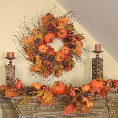 (image for) Large Pumpkin and Twig Wreath and Garland Set WR4858