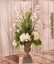 (image for) White Delphinium And Hydrangeas In Tall Urn AR467