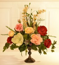 (image for) Garden Rose, Peony and Magnolia Grande Silk Flower Arrangement in Bronze Pedestal Stand AR442