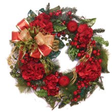 (image for) Christmas Holiday Green and Red Hydrangea Wreath & RibbonCR4662