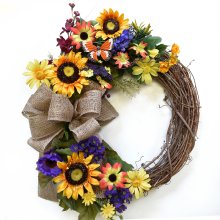 (image for) Wildflower & Sunflower Wreath with Burlap Bow WR5022