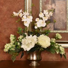 (image for) White Orchids and Hydrangea Silk Floral Centerpiece in Silver BowL. AR439