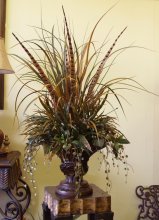 Pedestal Vase -Grasses -Pheasant Feathers Floral Design -out of stock