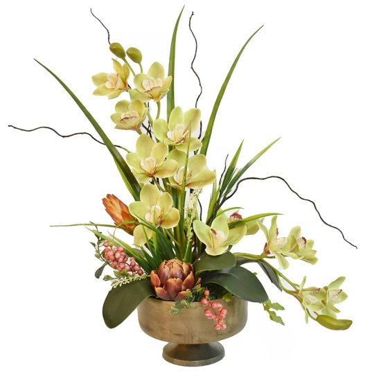 (image for) Green Cymbidium Orchids in Aged Metal Bowl O203 TEXT_CLOSE_WINDOW