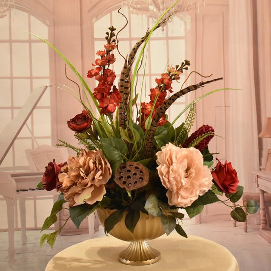 (image for) Rose and Peony Silk Centerpiece in Gold Vase AR540 TEXT_CLOSE_WINDOW