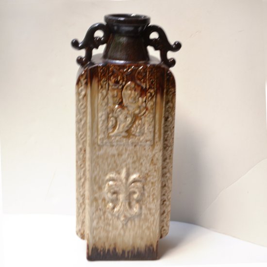 Tall Beige & Brown Ceramic Vase with Fleur-de-lis V-06 - Click Image to Close
