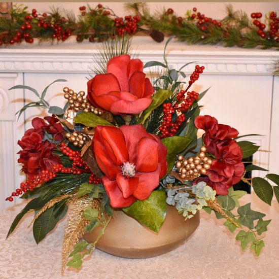 (image for) Red Magnolia Christmas Centerpiece in Gold Vase CR1620 TEXT_CLOSE_WINDOW
