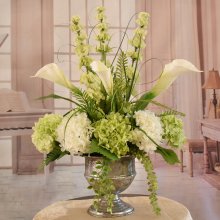 Calla Lily And Hydrangea Silk Floral Design In Silver Urn AR466