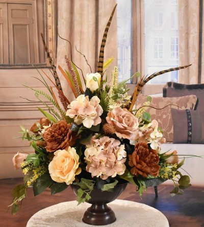 (image for) Coffee Faux Floral Centerpiece with Roses and Hydrangeas