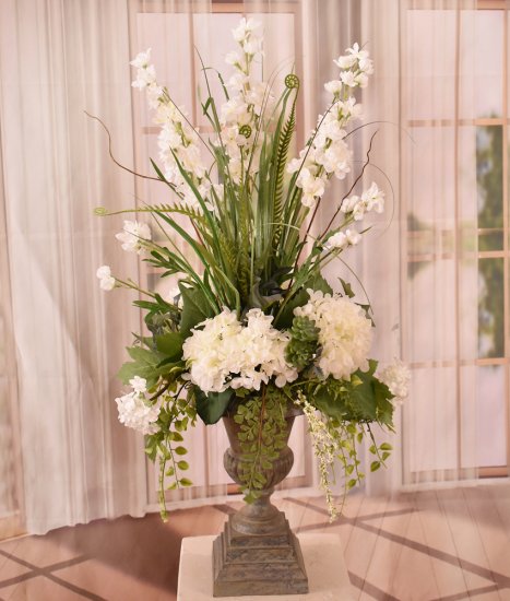 (image for) White Delphinium And Hydrangeas In Tall Urn AR467 TEXT_CLOSE_WINDOW