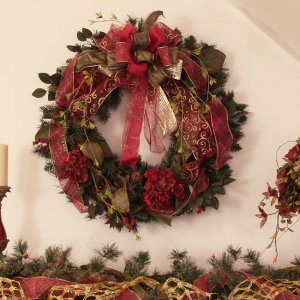 (image for) Christmas Burgundy Pine Wreath with Designer Bow & Ribbon CR1015