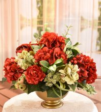 (image for) Red and Green Hydrangea Silk Floral Centerpiece in Antique Gold Bowl