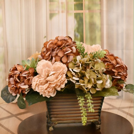 (image for) Mixed Hydrangea with Succulents in Metal Planter AR512 TEXT_CLOSE_WINDOW