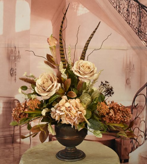 (image for) Rose and Hydrangea Faux Floral Arrangement with Feathers AR494 TEXT_CLOSE_WINDOW