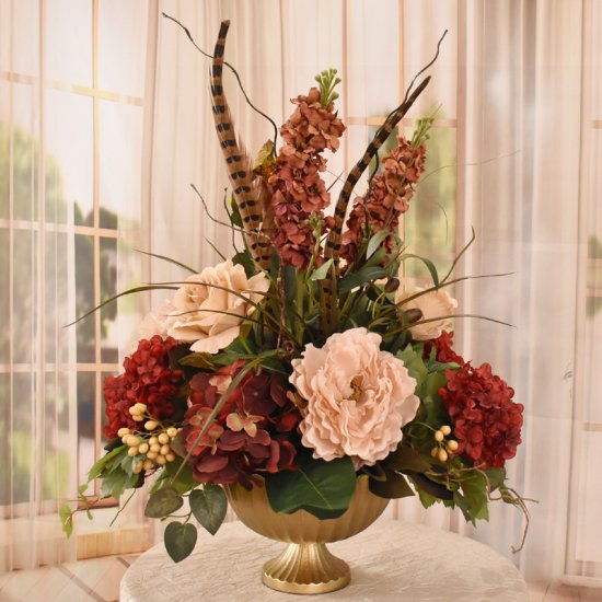 (image for) Burgundy and Tan Silk Flower Arrangement with Feathers AR506 TEXT_CLOSE_WINDOW