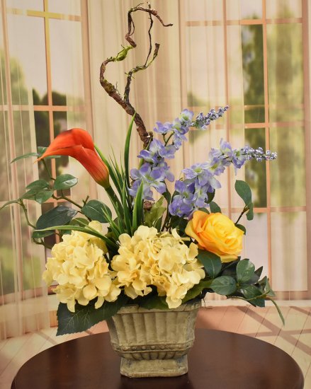 (image for) Yellow and Blue Silk Flower Arragement in Aged Planter AR538 TEXT_CLOSE_WINDOW