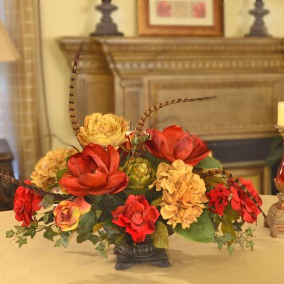 (image for) Silk Flower Silk Floral Centerpiece with Red Magnolias, Hydrangeas AR316