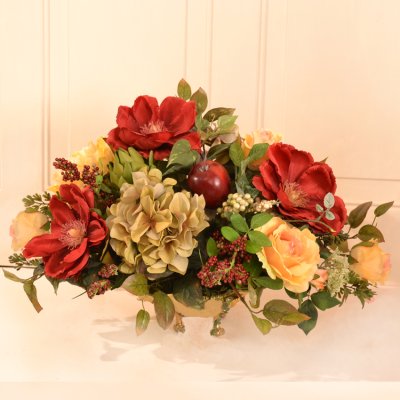 (image for) Burgundy Magnolias Silk Floral Centerpiece in low gold Bowl. AR384