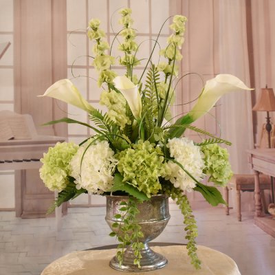 (image for) Calla Lily And Hydrangea Silk Floral Design In Silver Urn AR466
