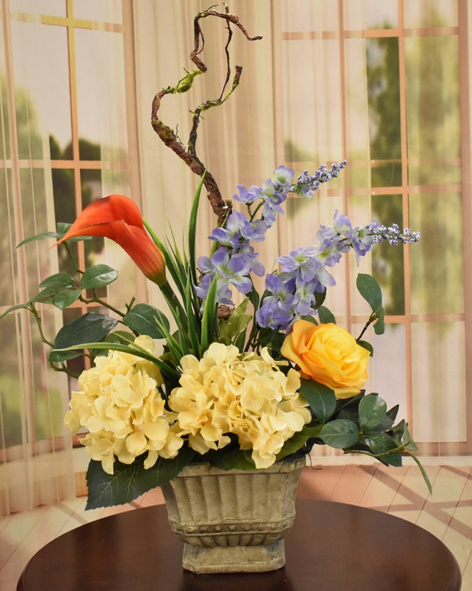 (image for) Yellow and Blue Silk Flower Arragement in Aged Planter AR538 TEXT_CLOSE_WINDOW