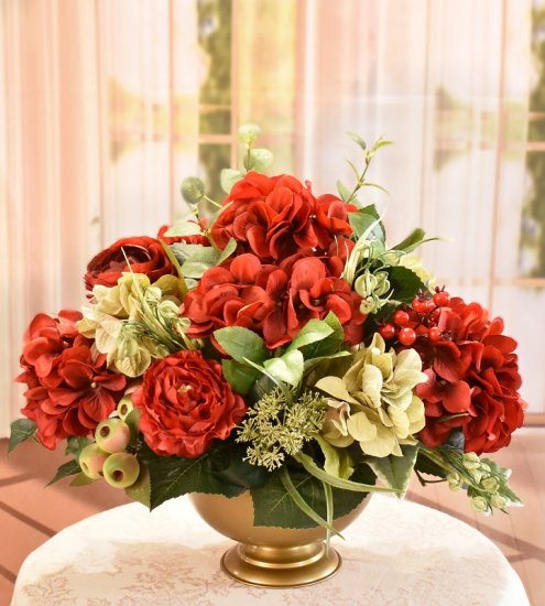 (image for) Red and Green Hydrangea Silk Floral Centerpiece in Antique Gold Bowl TEXT_CLOSE_WINDOW
