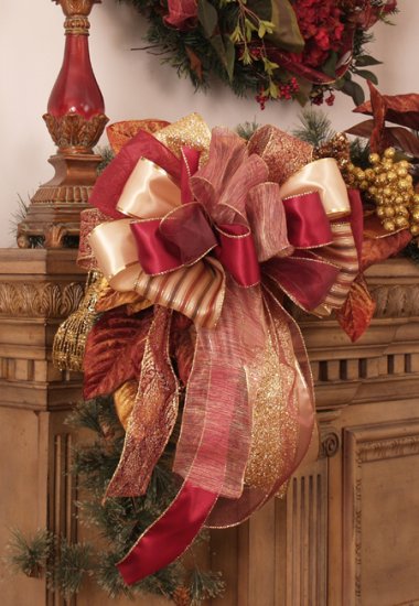 Handmade Wooden Christmas Packages with Burgundy & Gold Ribbon