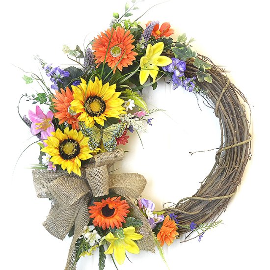 (image for) Sunflower Daisy Lily Wreath with Burlap Bow WR4872D TEXT_CLOSE_WINDOW