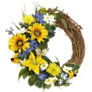 (image for) Sunflower Lilly Yellow and Blue Silk Wreath WR4866