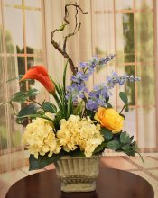 (image for) Yellow and Blue Silk Flower Arragement in Aged Planter AR538