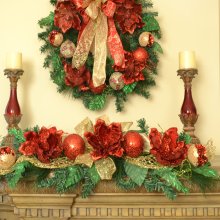32" Red Magnolia Christmas Swag with Ribbon CR1520-GRB
