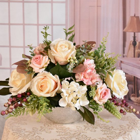 (image for) Cream Pink Roses With Berries Silk Floral Centerpiece AR613 TEXT_CLOSE_WINDOW