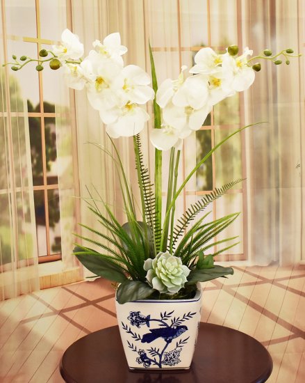 (image for) White Silk Orchids in Blue and White Vase O186 TEXT_CLOSE_WINDOW