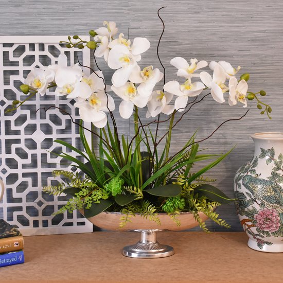 (image for) White Faux Orchids in Silver Hammered Boat Vase TEXT_CLOSE_WINDOW