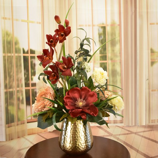 Orchid and Peonies in Gold Vase AR535 : Floral Home Decor=>silk