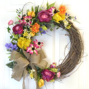 (image for) Flower Garden Silk Wreath with Tulips and Bird WR4784- Out of Stock