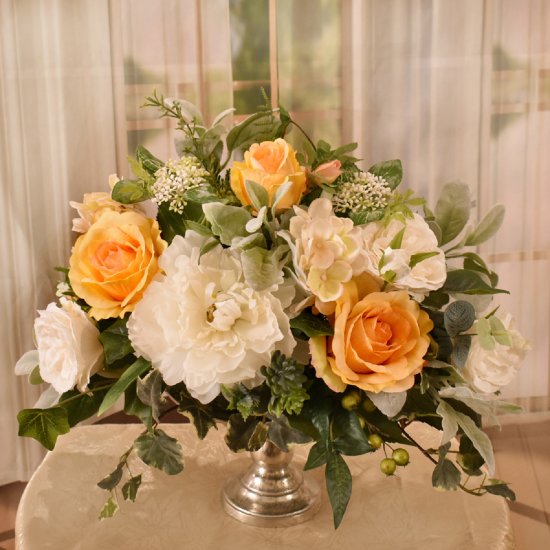 (image for) Yellow And White Silk Floral Design In Silver Pedestal Vase AR464 TEXT_CLOSE_WINDOW