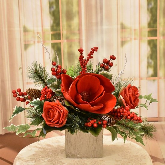 (image for) Red Magnolia, Rose and Berry Winter Christmas Centerpiece TEXT_CLOSE_WINDOW