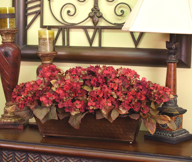 (image for) Burgundy Silk Hydrangea Planter in Hammered Metal AR115-69 TEXT_CLOSE_WINDOW