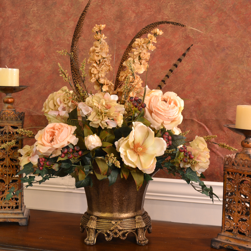 (image for) Elegant Silk Flower Centerpiece with Roses and Magnolias, and Feathers AR347 TEXT_CLOSE_WINDOW