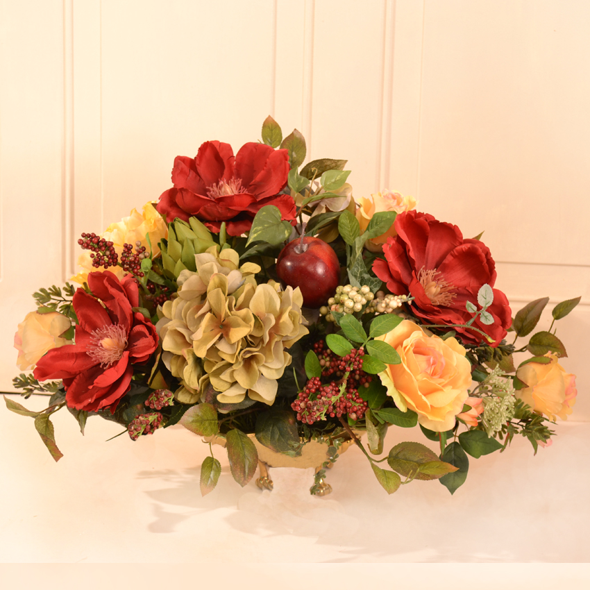 (image for) Burgundy Magnolias Silk Floral Centerpiece in low gold Bowl. AR384 TEXT_CLOSE_WINDOW