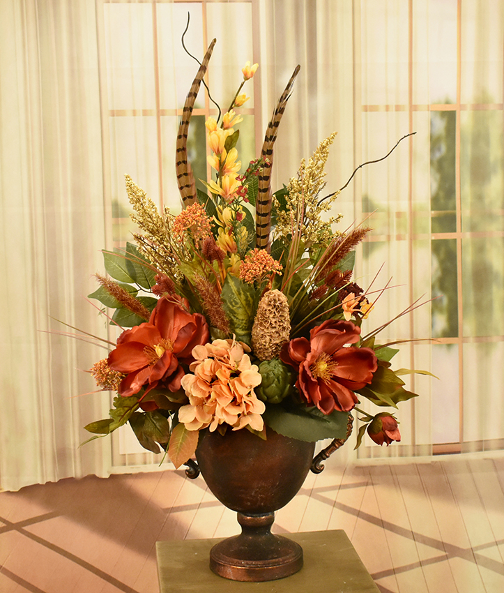 (image for) Magnolia and Heather Floral Design in Copper Urn AR495 TEXT_CLOSE_WINDOW