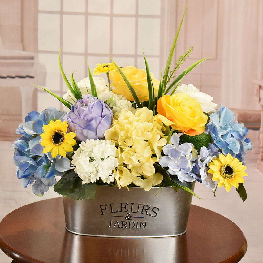 Artificial Sunflower Bouquet with Vase Plastic Simulation Yellow Flowers  Metal Potted Bonsa for Home Office Party