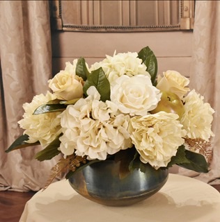 (image for) Cream Hydrangea and Peony Silk Floral Design in Metal Sosa Bowl AR528 TEXT_CLOSE_WINDOW