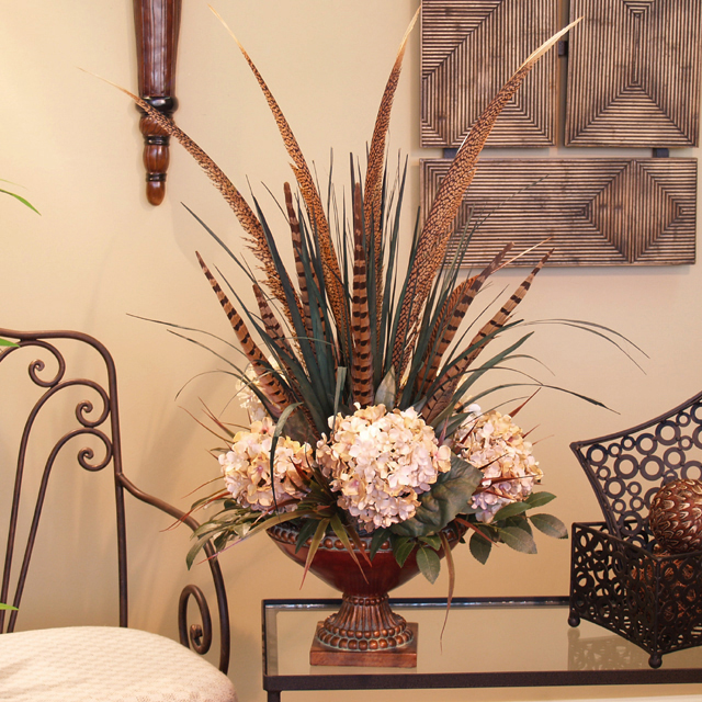 (image for) Cream Hydrangea & Pheasant Feather Silk Floral Design NC129CR-99 TEXT_CLOSE_WINDOW